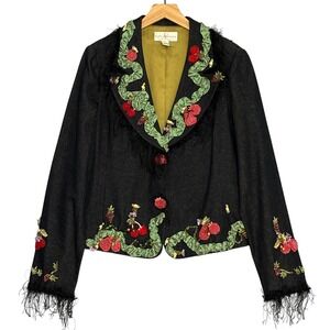 VTG Mary Frances Womens Jacket L Black Denim Beaded Fruit Embellished‎ Artsy